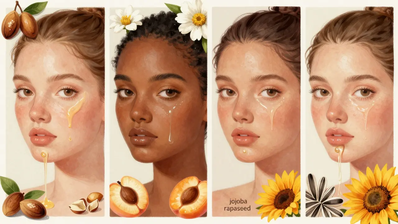 Srovnání čtyř typů pleti s odpovídajícími přírodními oleji a rostlinnými prvky.