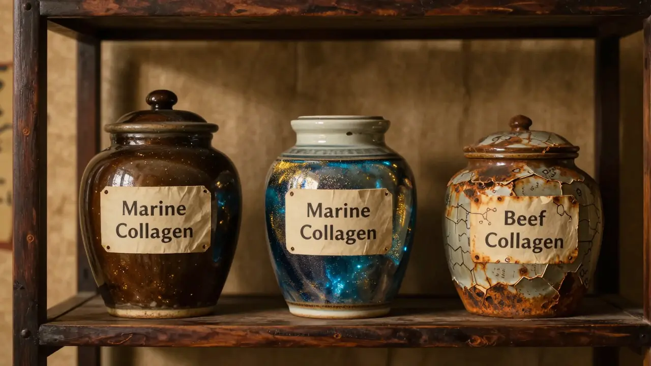 Starožitná polička s nádobami mořského a hovězího kolagenů v kontrastních barvách