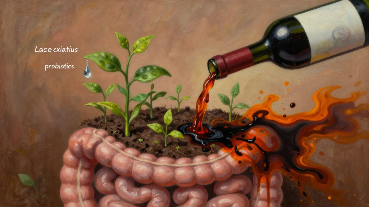 Symbolická zahrada v trávicím traktu, kde alkohol jako benzín zničí prospěšné rostliny.