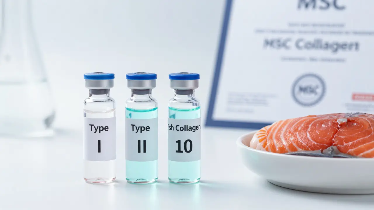 Tři výplňky rybího kolagenu typu I, II a III s lososem a certifikačním znakem MSC.