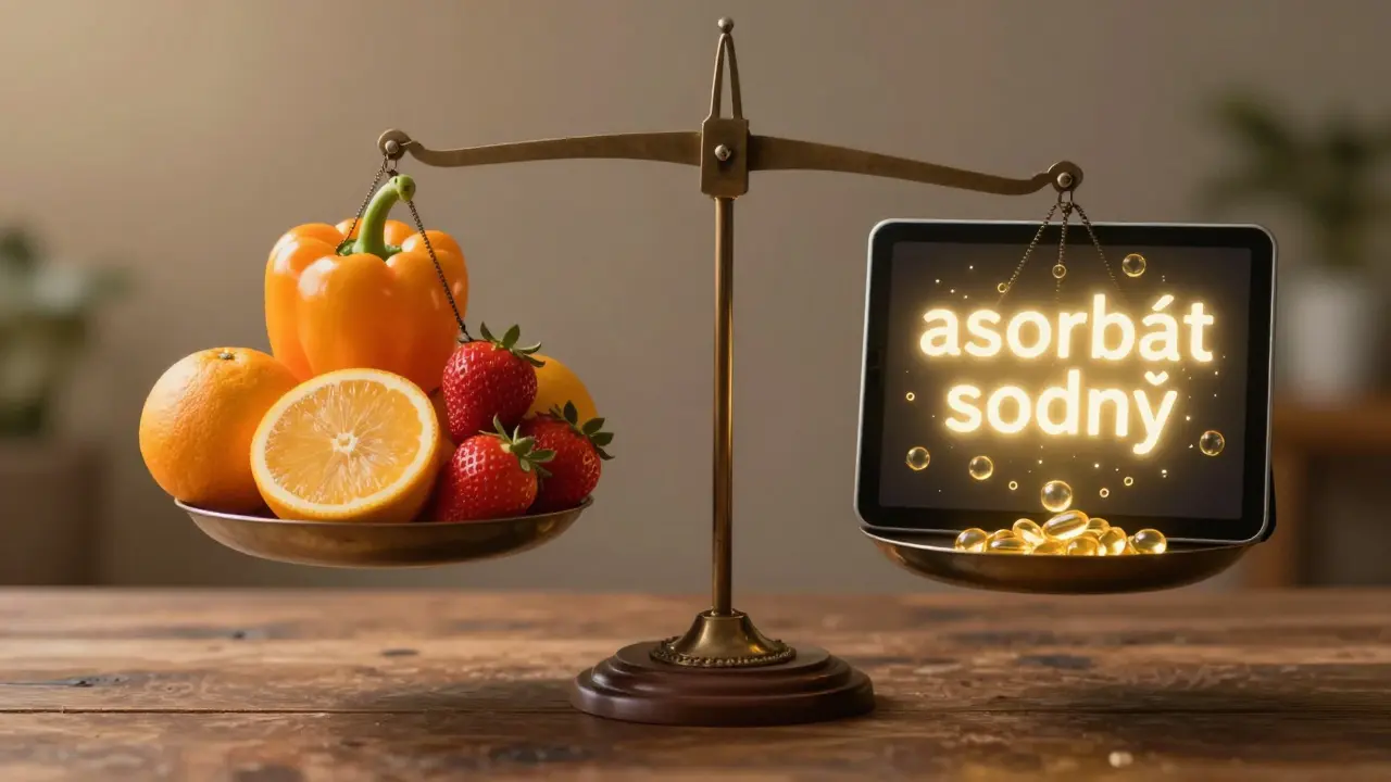 Váha s přírodními zdroji vitamínu C na jedné straně a liposomální formou na druhé.