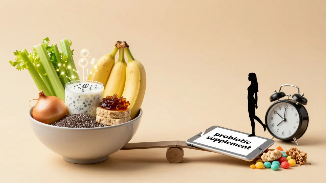 Váhová rovnováha mezi přírodními potravinami podporujícími mikrobiom a nezdravými návyky, které ho ničí.