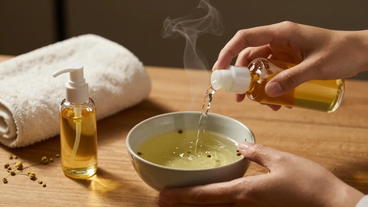 Večerní čistění obličeje čistícím olejem s přeměnou na mléčko.