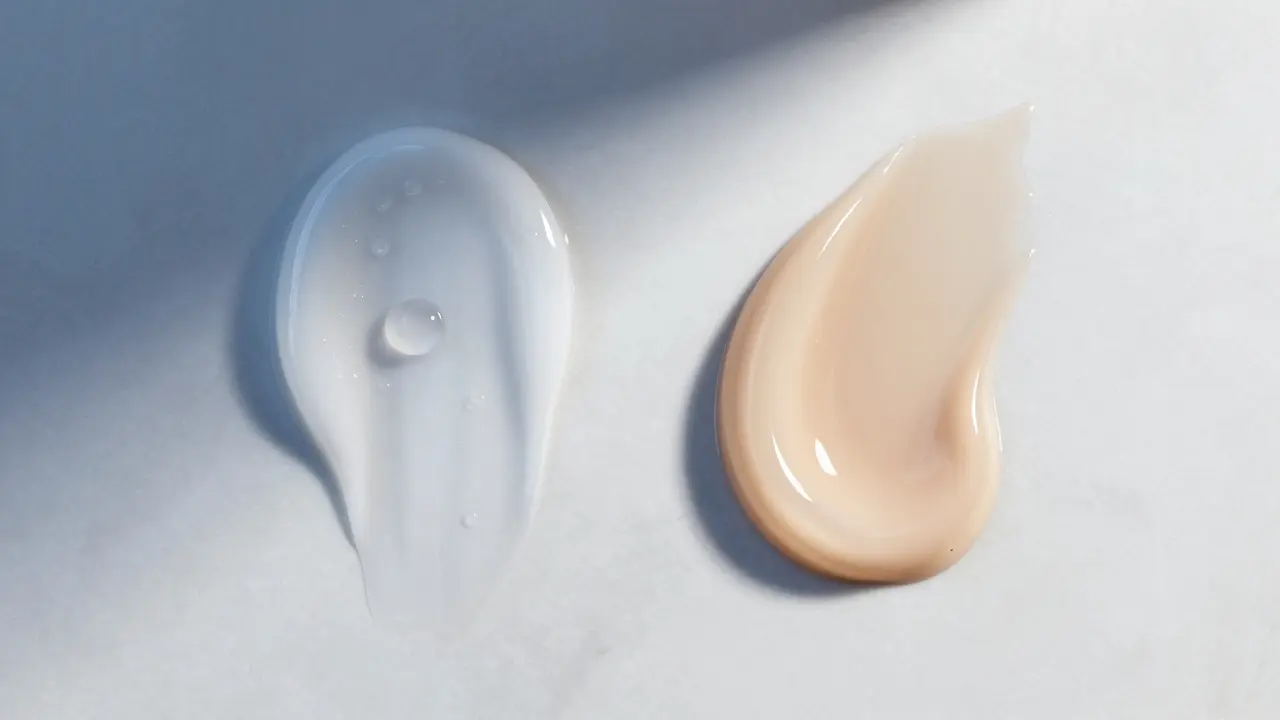 Záběr dvou různých kosmetických textur představujících hydrataci a ochranu.