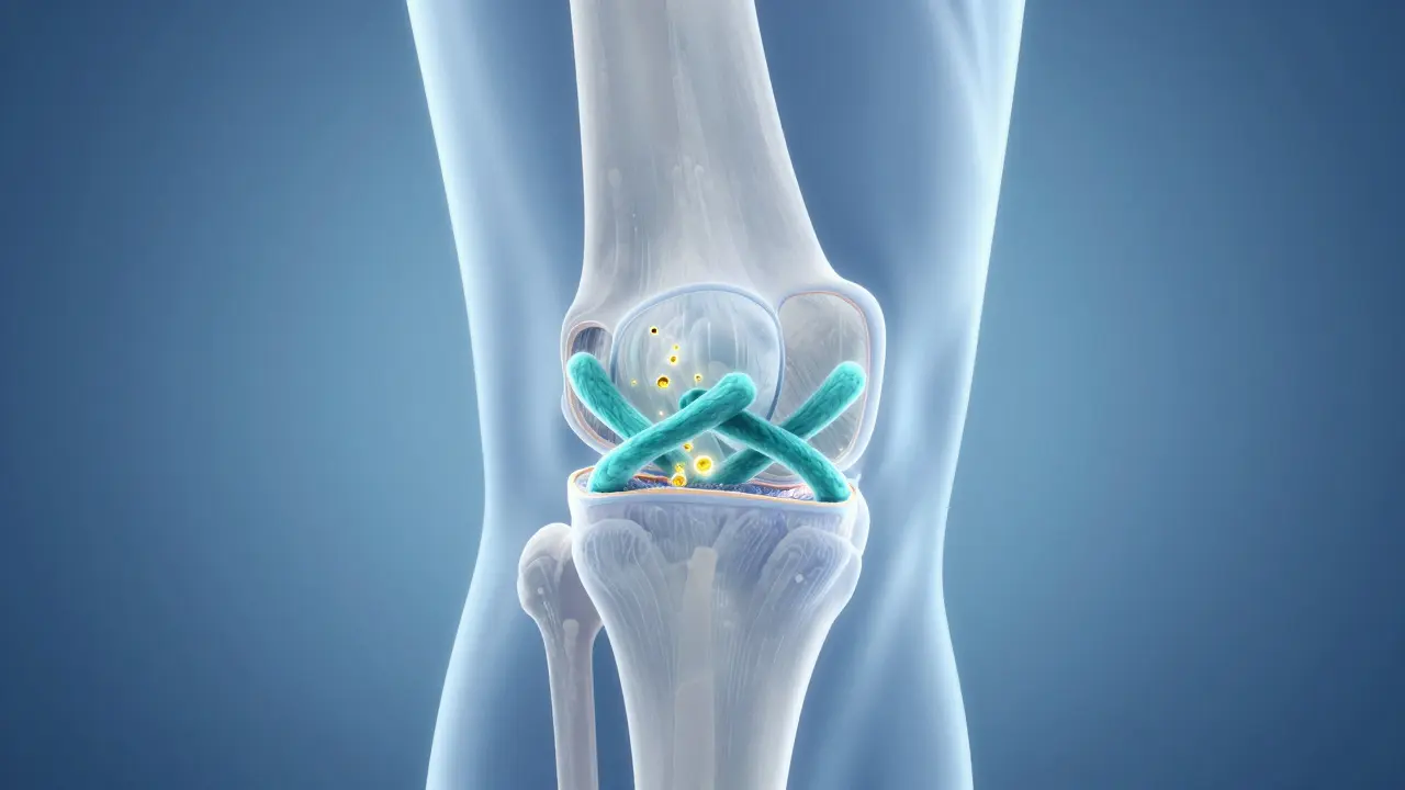 3D ilustrace kolagenu typu II pronikající do chrupavky v kloubu kolene.