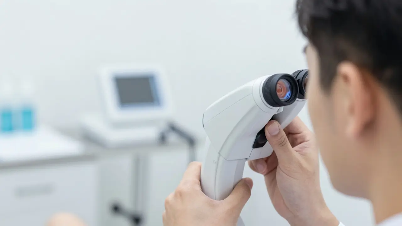 Dermatolog používající dermatoskop k profesionálnímu vyšetření kůže pacienta.