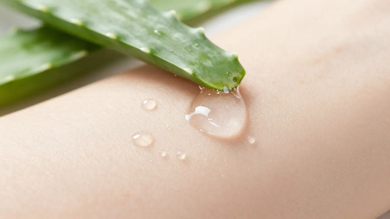 Detail gelu aloe vera nanášeného na pokožku pro zklidnění.
