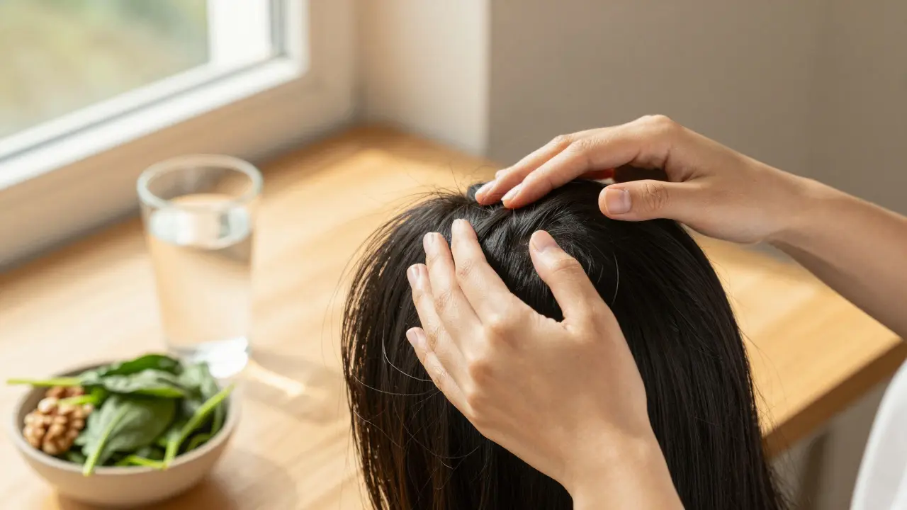 Detail rukou při masáži pokožky hlavy vedle zdravých potravin v ranním světle.