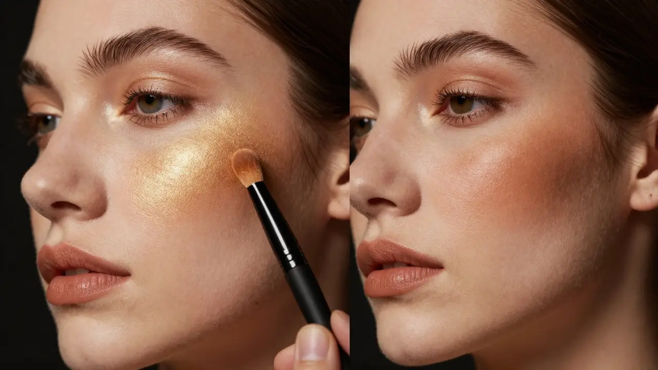 Detailní záběr na konturování obličeje pomocí rozsvětllovače a bronzeru.