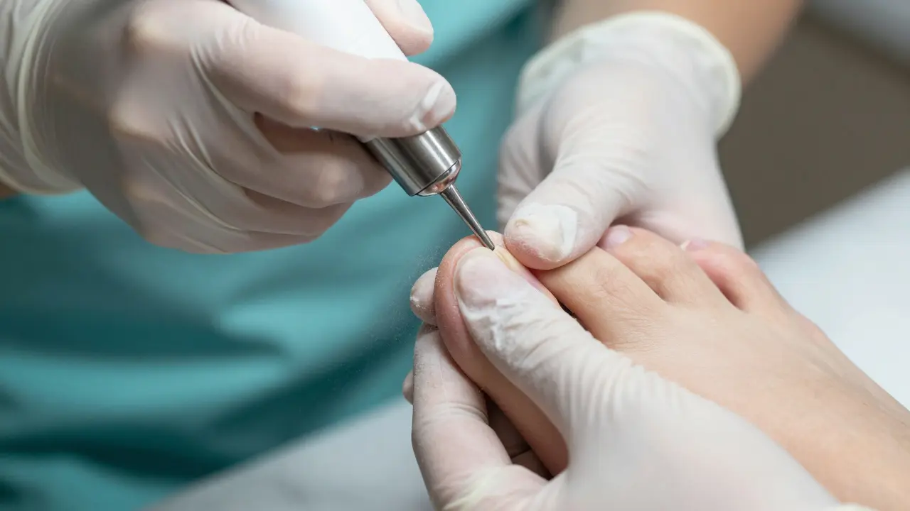 Detailní záběr na přístrojové opracování paty pomocí profesionálního frezeru v salonu.