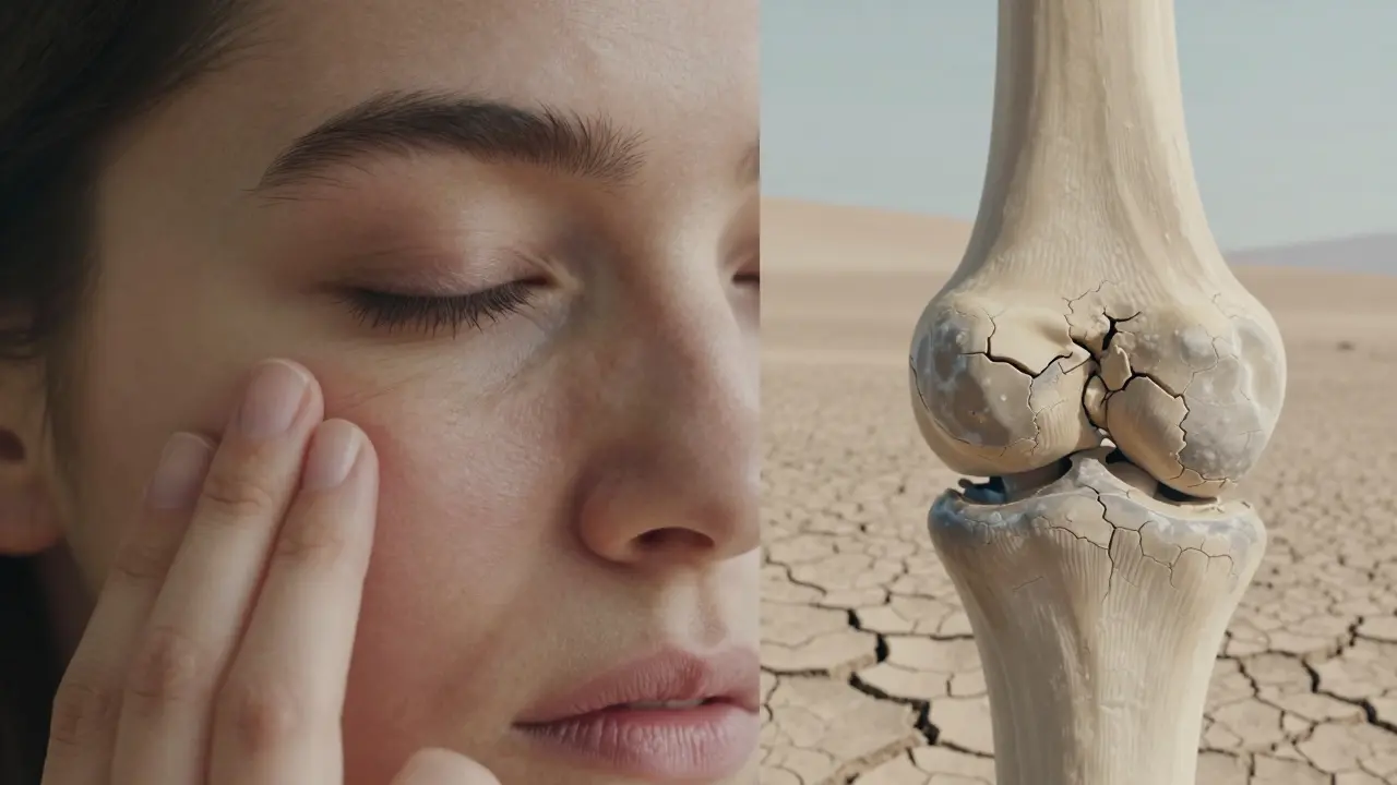 Detailní zobrazení vrásky na pleti a opotřebované kloubní chrupavky.