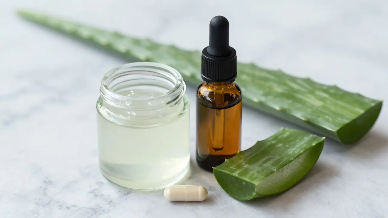 Domácí aloe vera gel v sklenici a sérum v lahvičce na mramorovém povrchu.