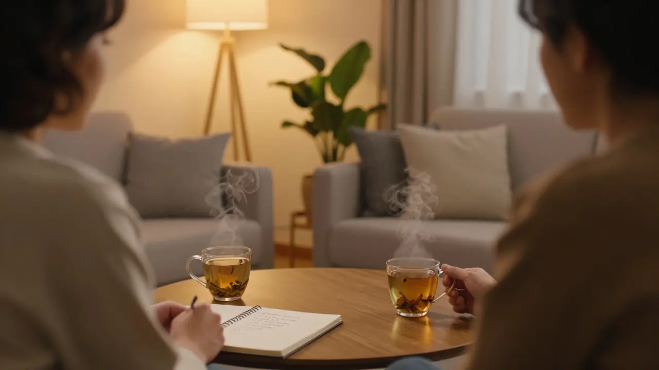 Dva lidé u teplého čaje v útulném obývacím pokoji, symbolizující vzájemnou podporu.