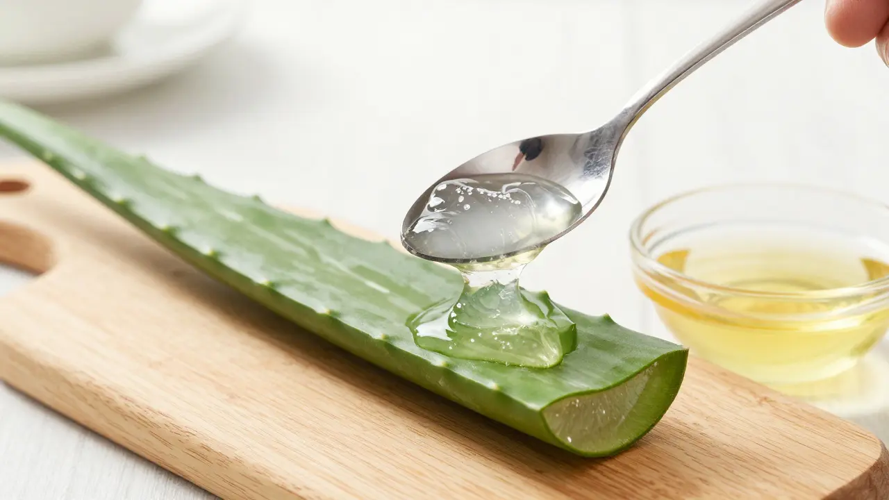 Extrakce průhledného gelu z rozříznutého listu aloe vera na dřevěné desce.