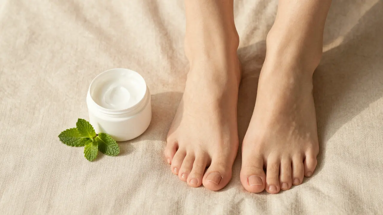 Hladké, hydratované nohy vedle krému s močovinou na světlém lněném podkladu.