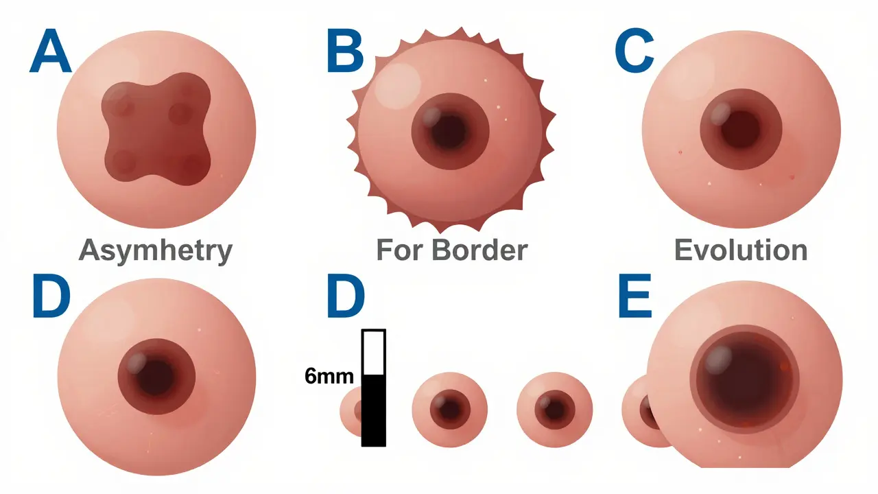Ilustrace pravidla ABCDE pro rozpoznání nebezpečných znamének na kůži.