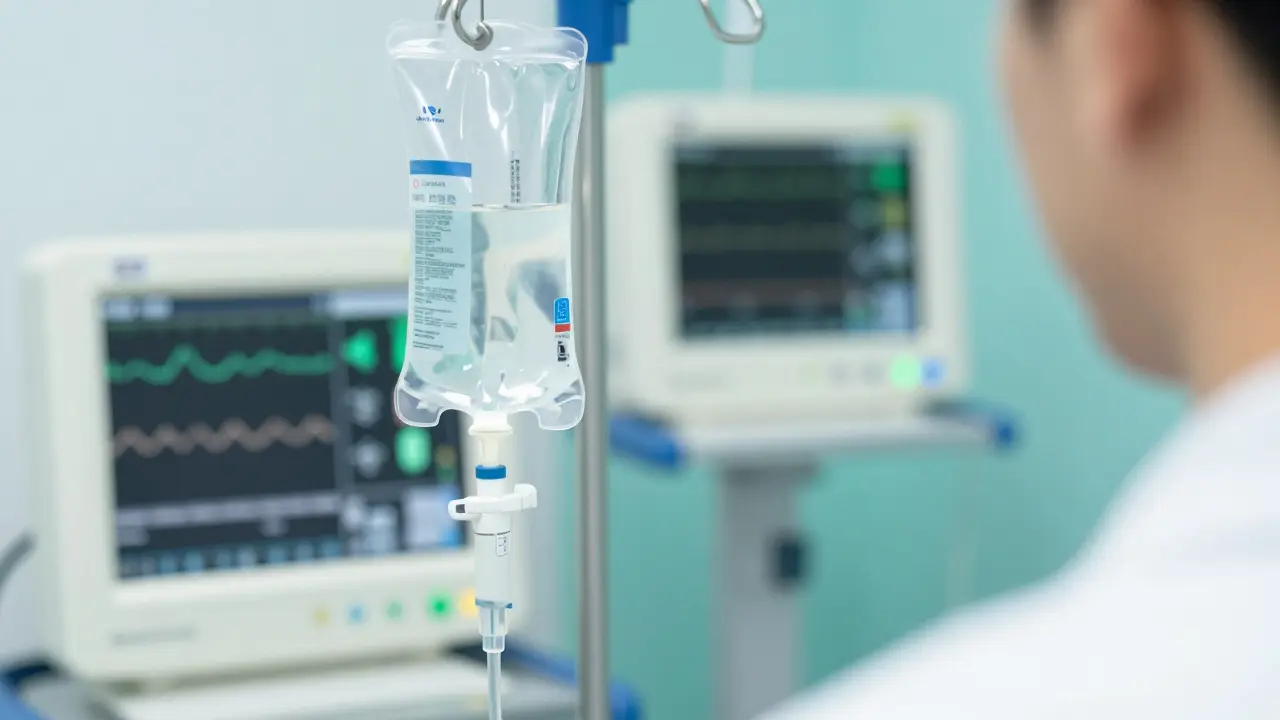 Kanyl a infuzní systém při lékařské chelační terapii v nemocnici.