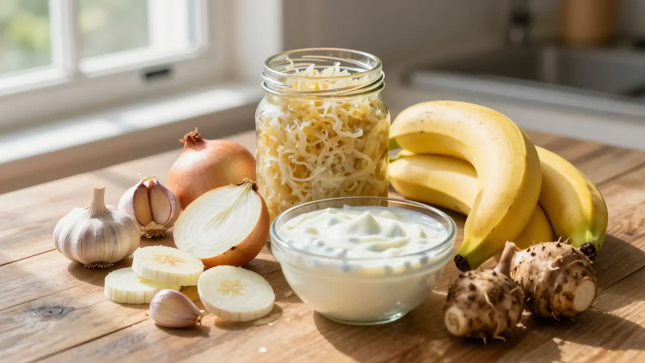 Kefír, kysané zelze a prebiotické potraviny jako banány a česnek na dřevěném stole.