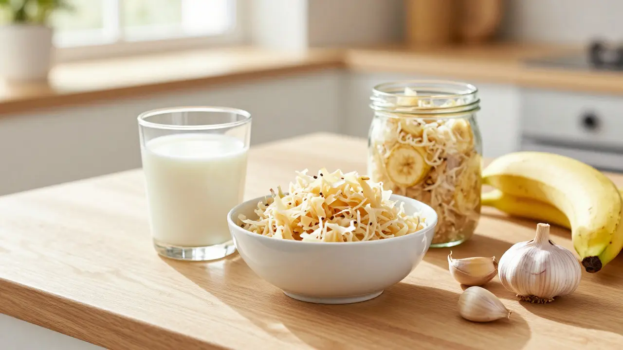 Kefýr, fermentovaná zelenina a banán na stole pro zdraví střev.