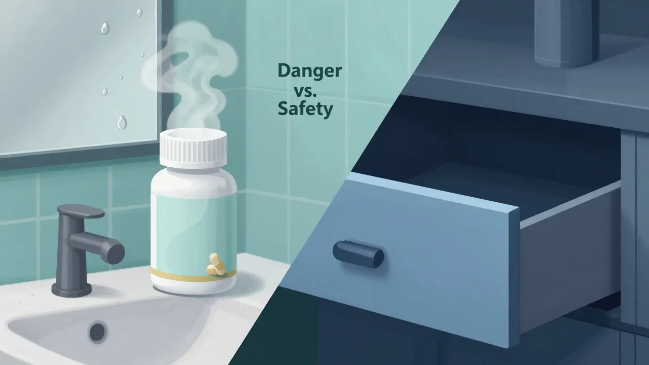 Kolaž znázornující rizikové vlhké prostředí koupelny a bezpečný suchý šuplík.