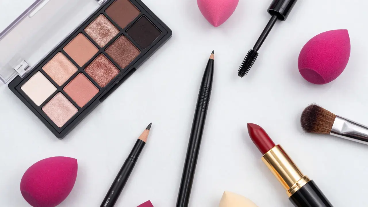 Kolekce makeupu včetně palety stínů, řasenky a rtěnky na mramorové podložce.