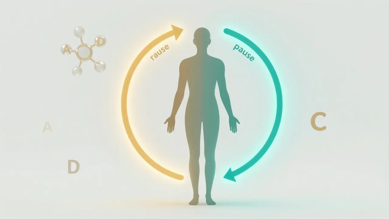 Konceptuální ilustrace cyklu užívání vitamínů a fáze resetu lidského organismu.