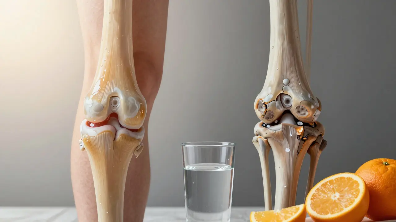 Konceptuální obraz zdravého a dehydratovaného kloubu s vodou a citrusy.