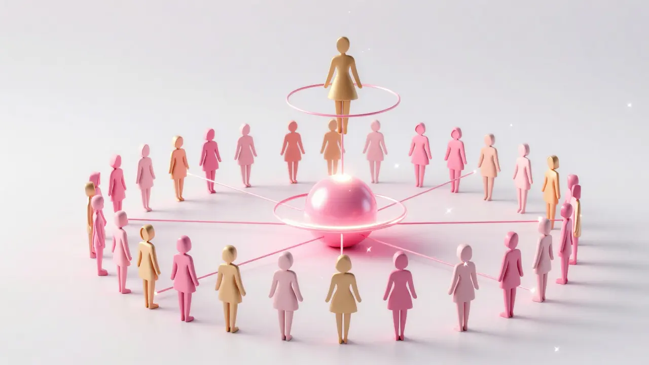 Konceptuální znázornění MLM sítě v růžovém a zlatém provedení.