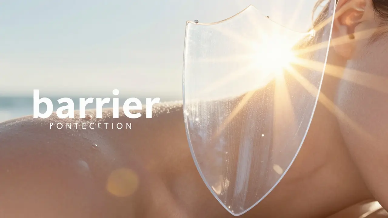 Konceptuální znázornění ochrany citlivé pleti před UV zářením slunce.