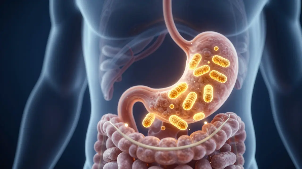 Konceptuální znázornění probiotik putujících žaludkem do střev.