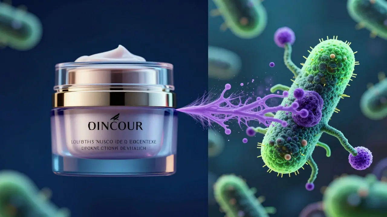 Konceptuální zobrazení bakterií v prošlém luxusním pleťovém krému.