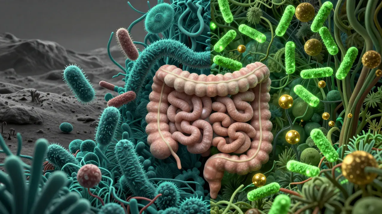 Konceptuální zobrazení obnovy bakterií v lidském střevě.