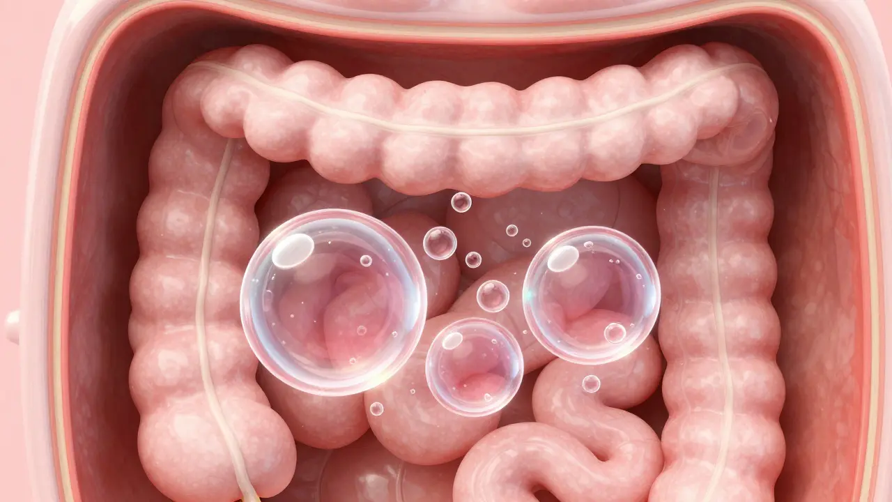 Konceptuální zobrazení rozpadu velkých bublin plynů v červeních střevech.