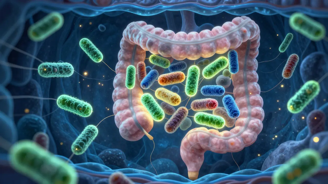 Konceptuální zobrazení zdravého mikrobiomu ve střevě.