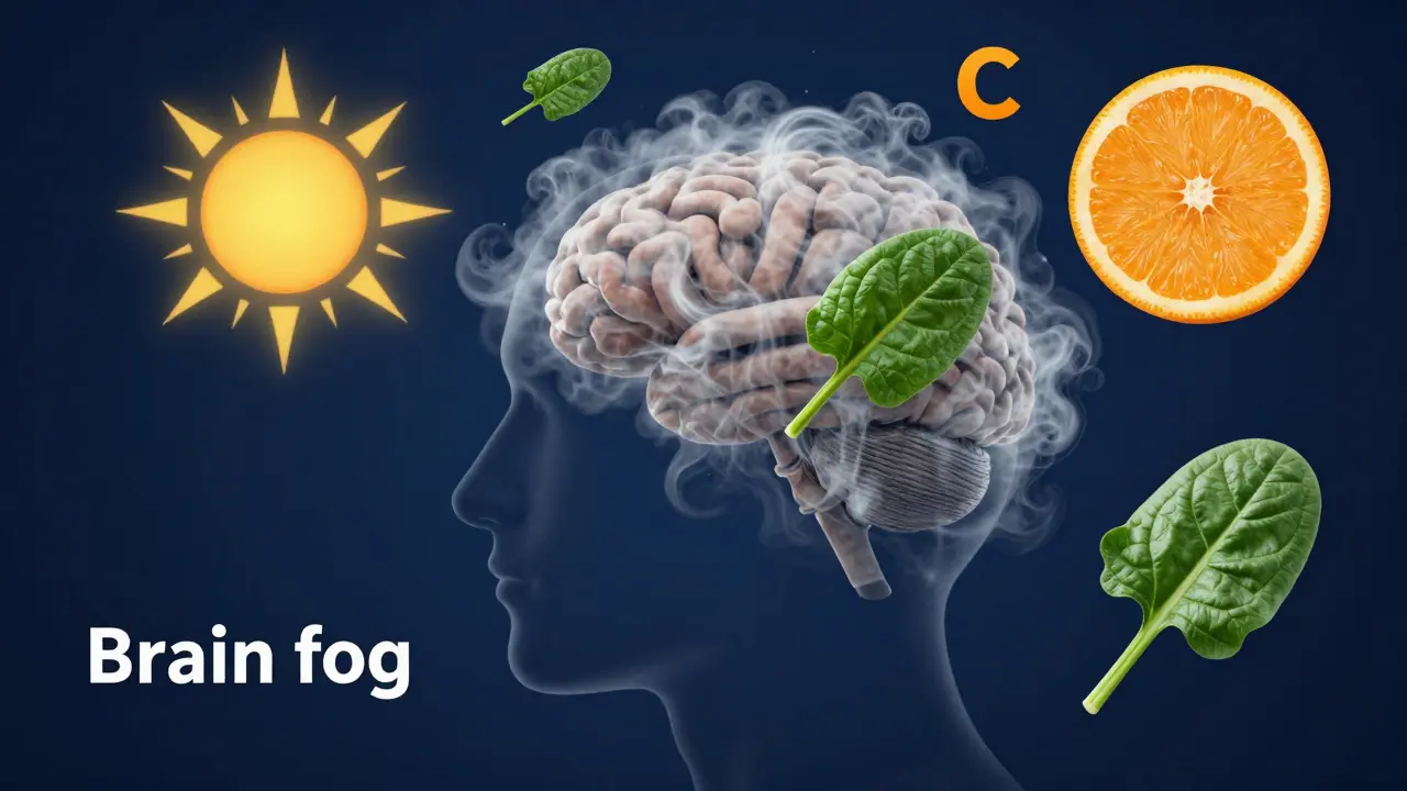 Konceptuální zobrazování mozkové mlhy a doplňování esenciálních vitamínů a minerálů.