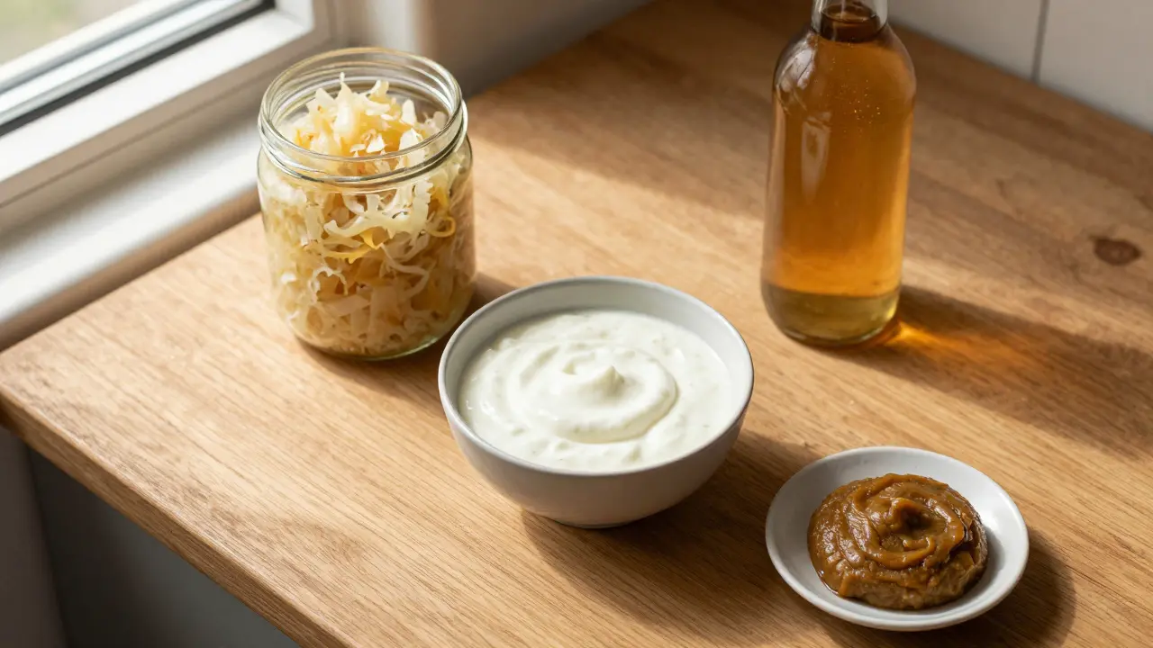 Kysané zelí, kefir a kombucha na dřevěném stole.