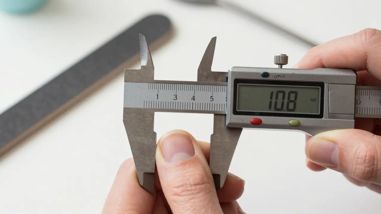 Měření šířky nehtu pomocí posuvné lžičky pro přesnou velikost.