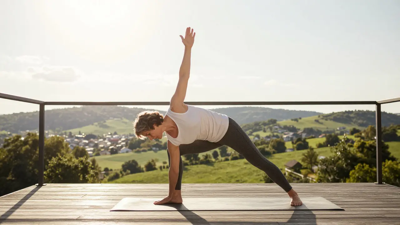 Osoba cvičící jógu na balkoně s výhledem na přírodu pro zdravý pohyb.