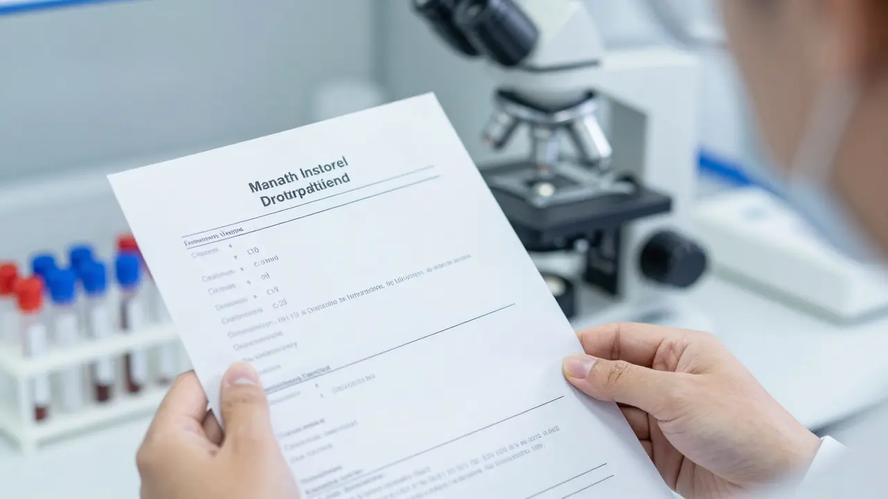 Ruka držící výsledky krevního testu v moderním lékařském laboratorním prostředí.