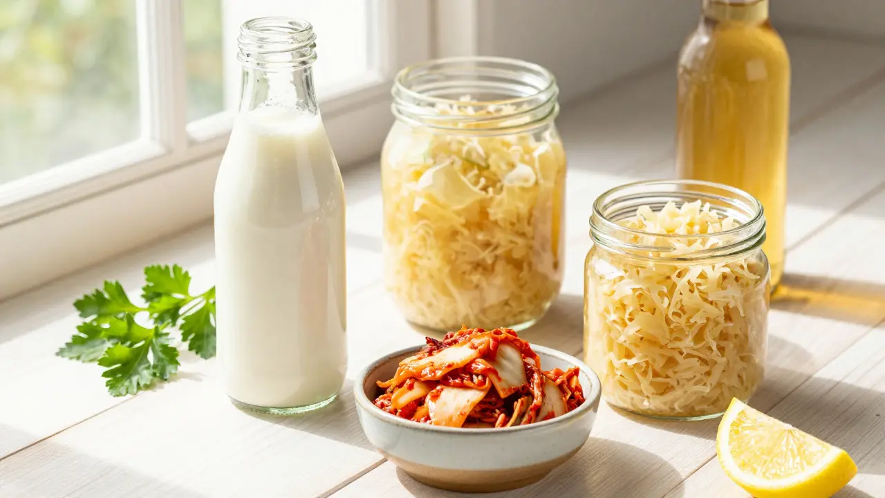 Sada fermentovaných potravin: kefír, kimchi, kysané zelí a kombucha na dřevěném stole.