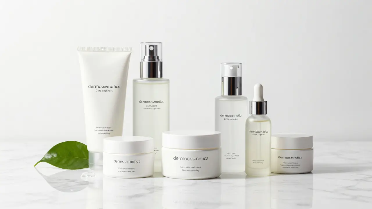 Sada produktů pro komplexní péči o pleť na mramorovém podkladu.