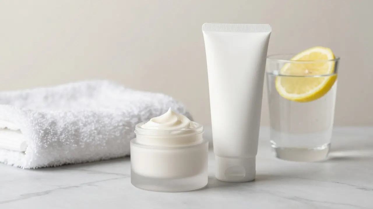 Sada regeneračních produktů s ceramidy a sklenice vody pro podporu hojení pleti.