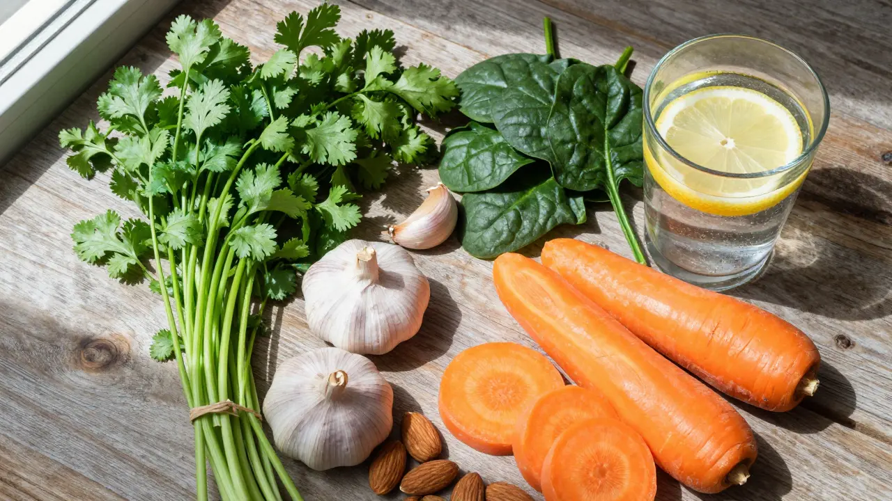 Sada zdravých potravin jako koriandr, česnek a špenát pro detoxikaci.