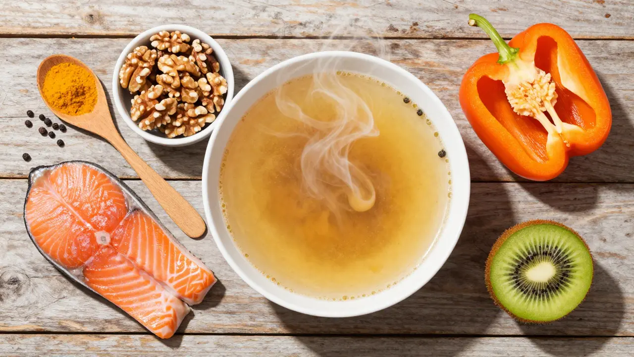 Sada zdravých potravin pro klouby, včetně lososu, kostního vývaru a kurkumy.