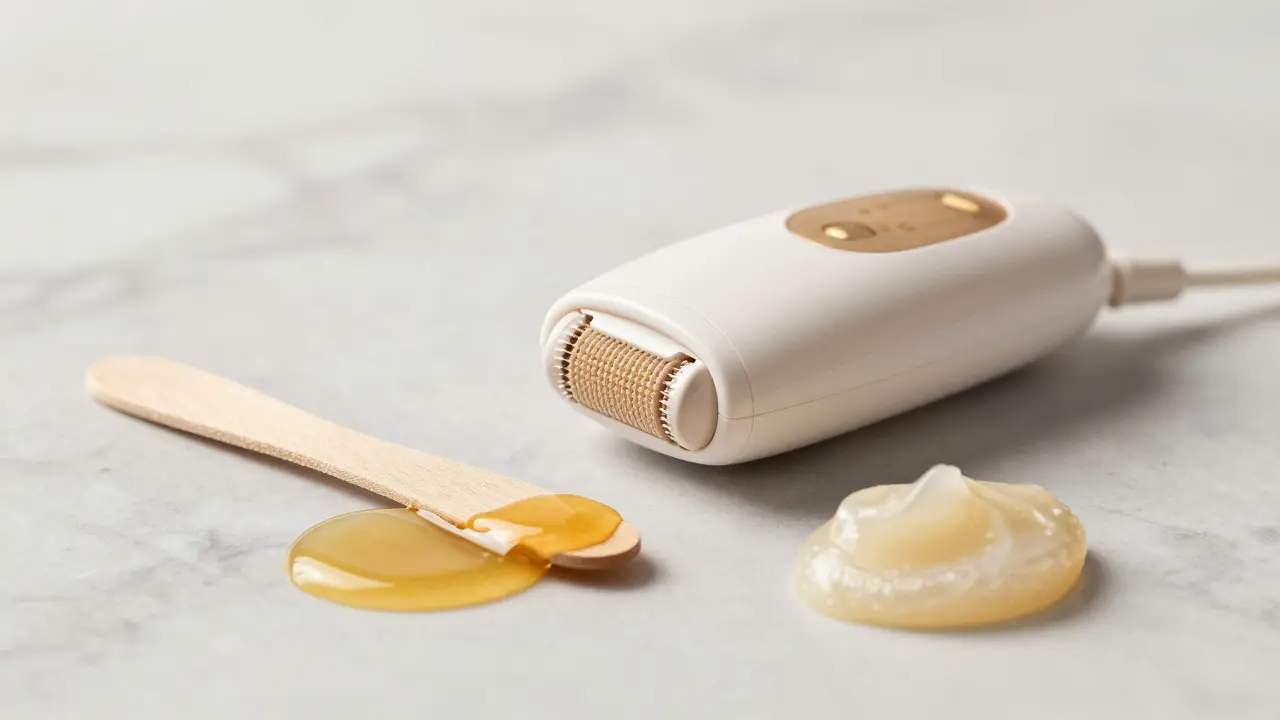 Sběr depilačních pomůcek: epilátor, vosk a cukrová pasta na mramoru.