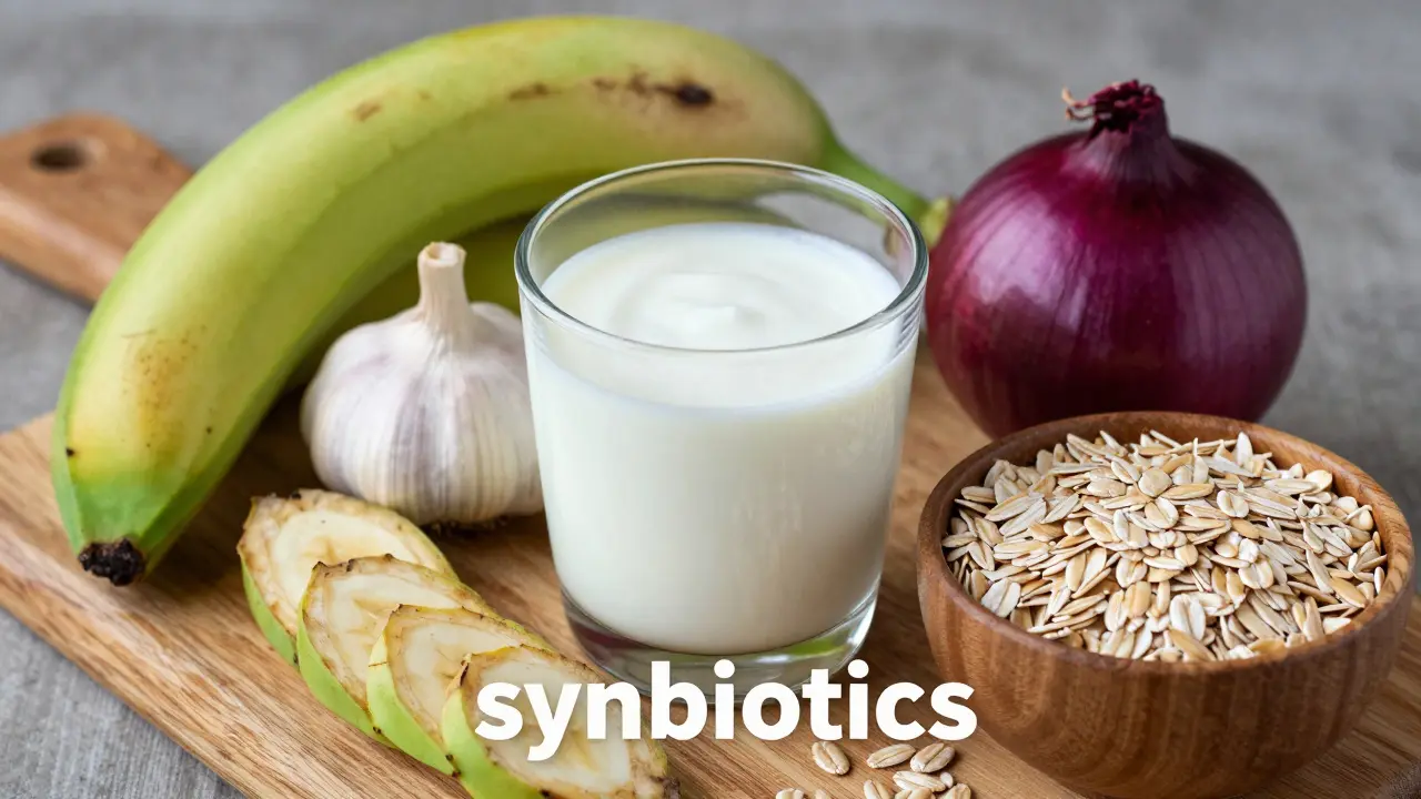 Sestava prebiotických potravin jako banán, česnek a kefýr.