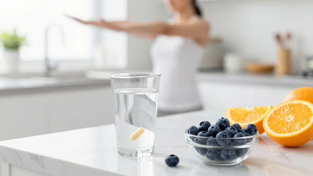 Sklenice s kolagenem, citrusy a borůvky vedlest rozcvičené osoby v prosvětlené místnosti.