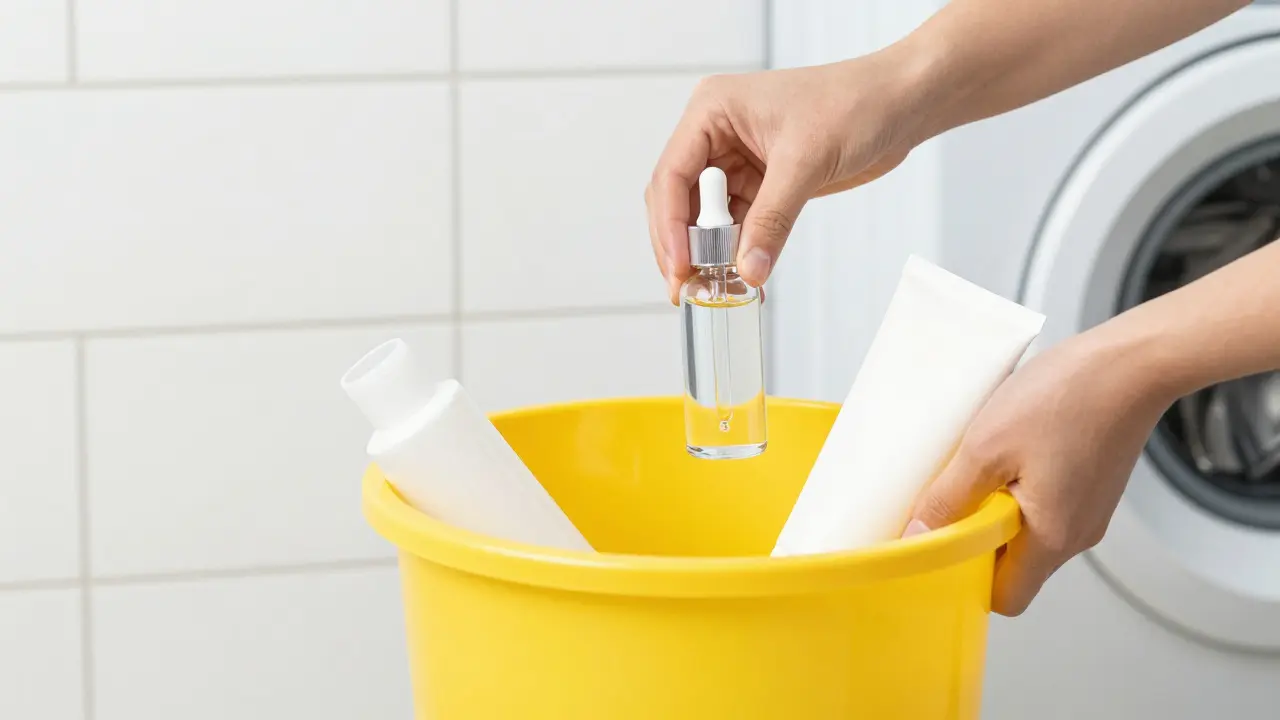 Třídění čistých prázdných kosmetických obalů do žlutého kontejneru.