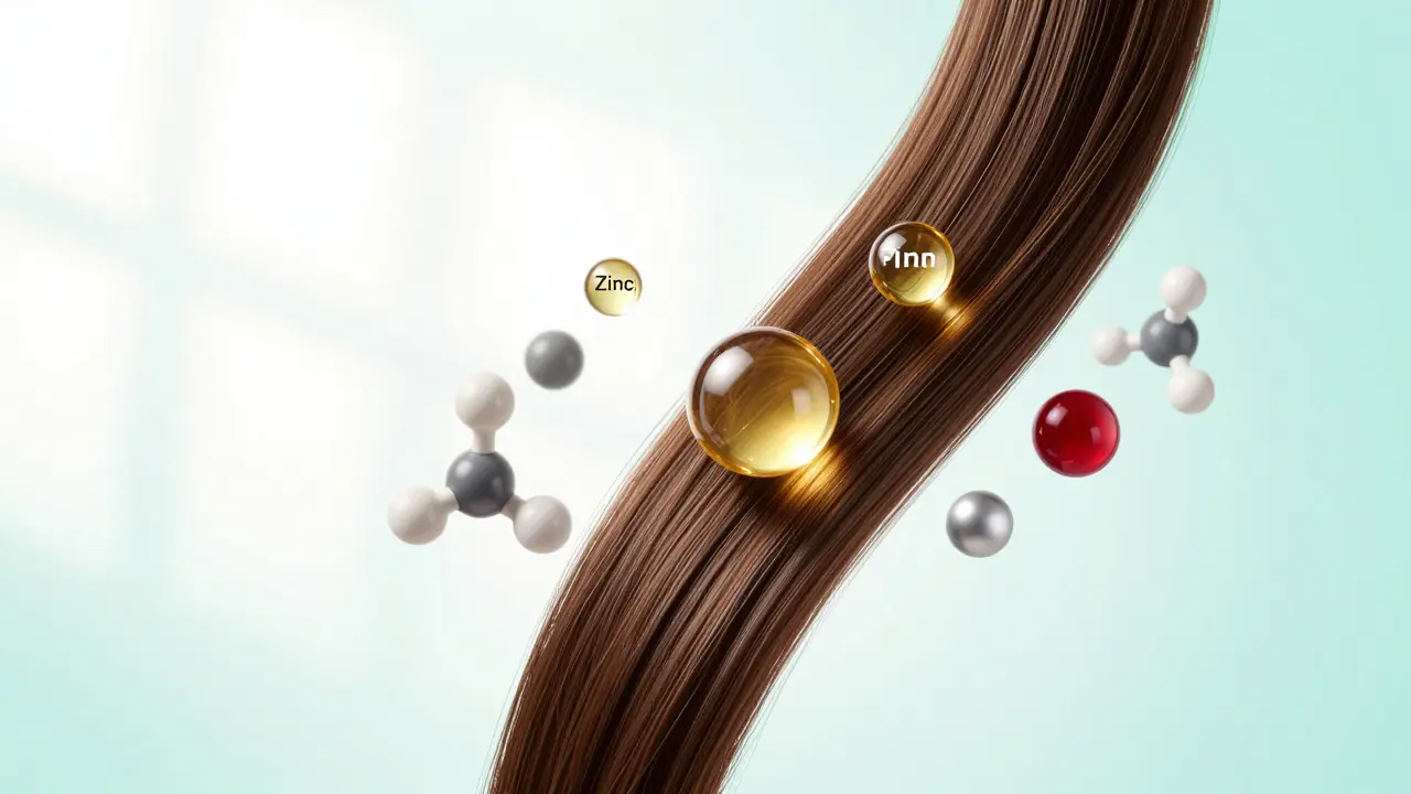 Umělecký detail zdravého vlasového vlákna obklopeného molekulami vitamínů a minerálů.