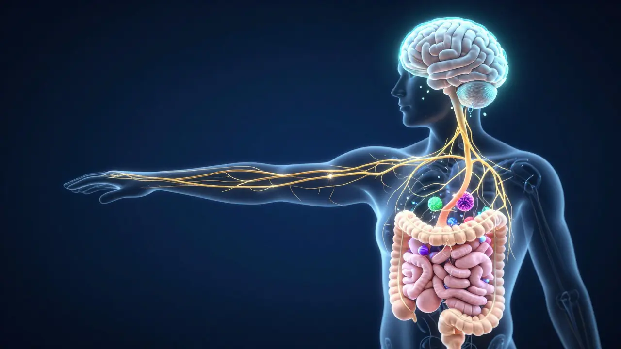 Vizualizace spojení mezi střevním mikrobiomem a mozkem prostřednictvím bludného nervu.